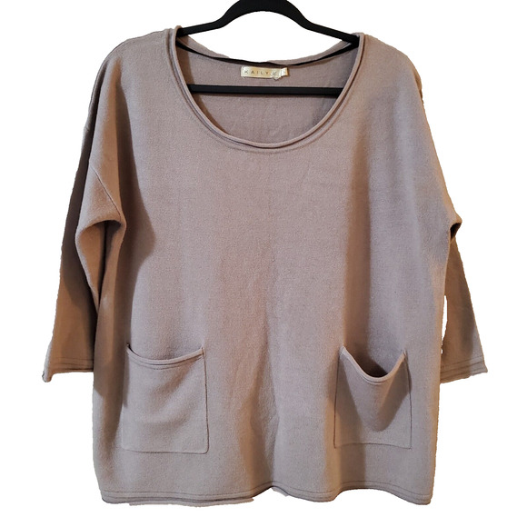 Kaily K Womens Pullover Sweater Size L Taupe Boxy Pockets Roll Hems Soft Knit - Picture 1 of 11